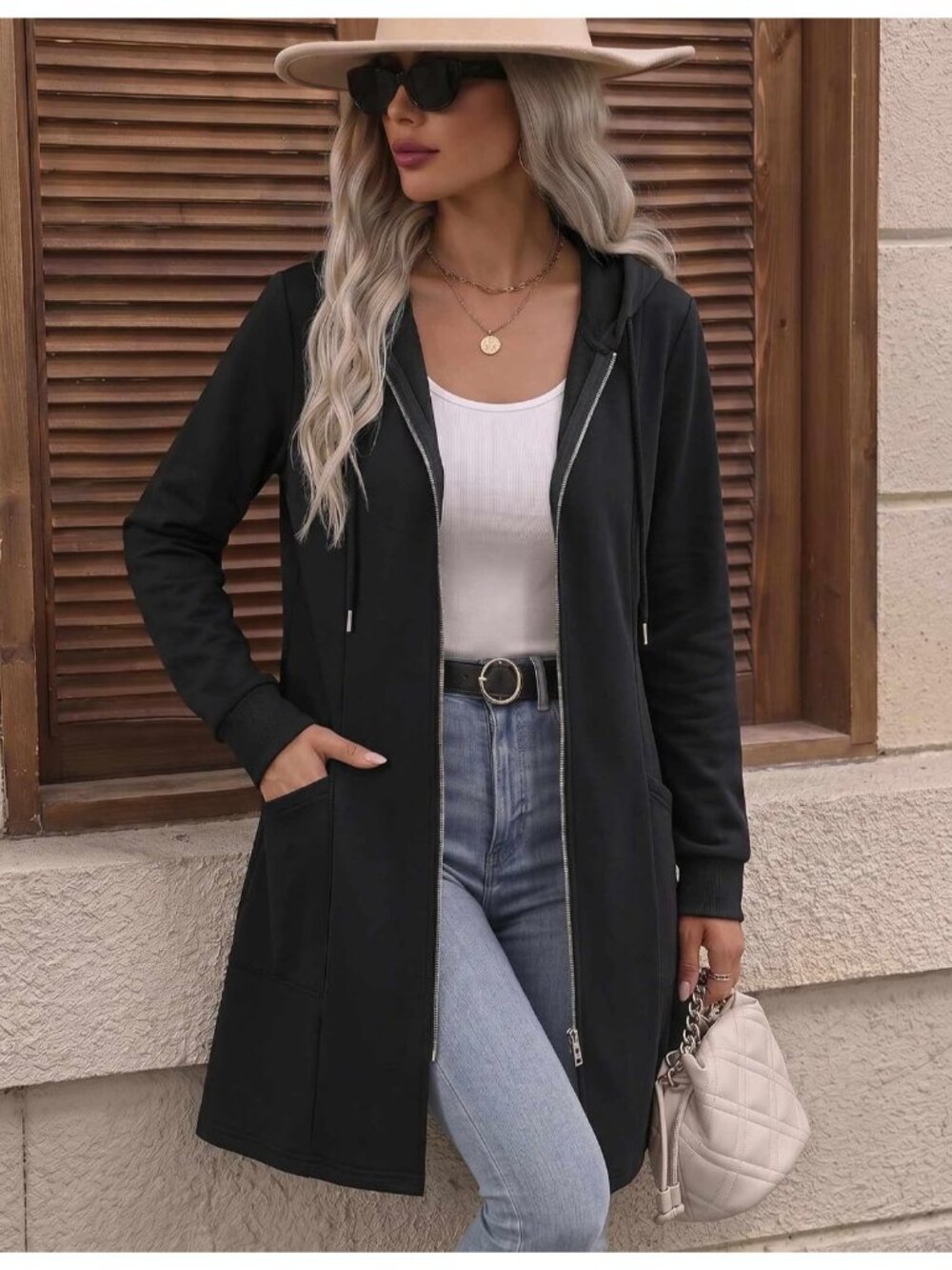 Women's Black Fall Zip up Comfort Hoodies Tunic Sweatshirts Jacket with Pocket - Picture 3 of 5